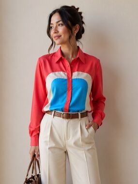 Jealous tomato Sheer Colorblock Button-Up Blouse Red Blue Gray Retro Office Top